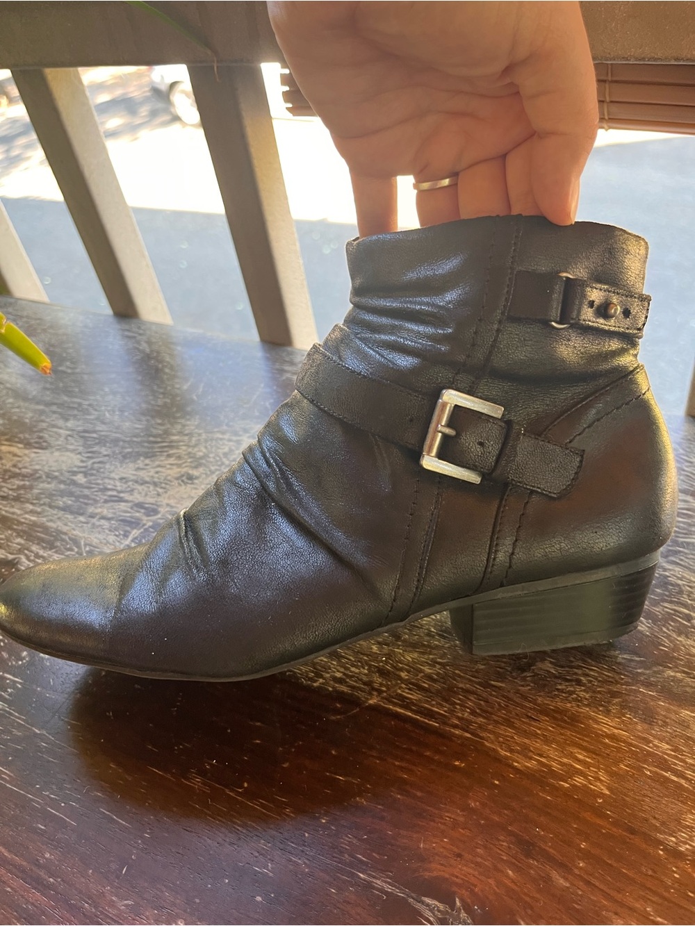 Yuu Black Leather Buckle Ankle Boots